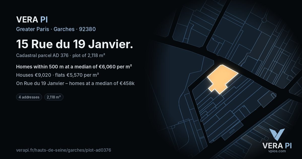 15 Rue du 19 Janvier, Garches at night – the plot lit, the parcels around coloured by the prices near them