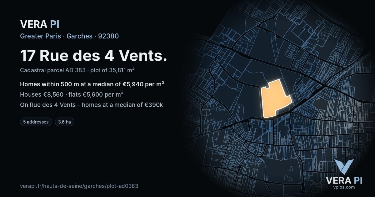17 Rue des 4 Vents, Garches at night – the plot lit, the parcels around coloured by the prices near them