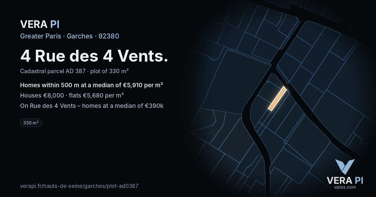 4 Rue des 4 Vents, Garches at night – the plot lit, the parcels around coloured by the prices near them