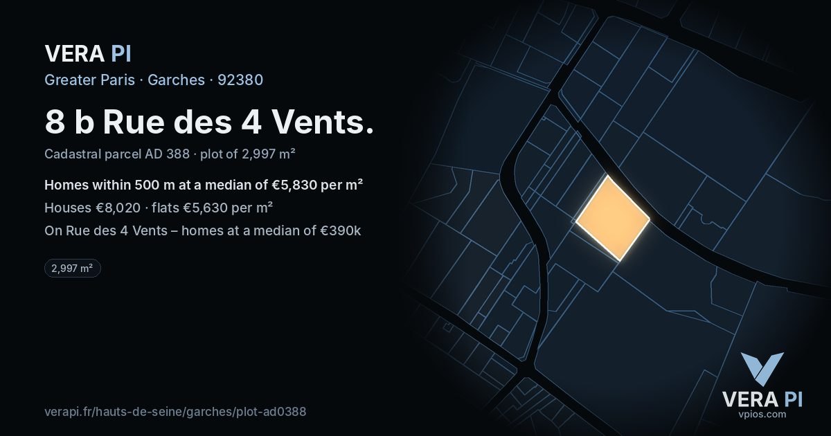 8 b Rue des 4 Vents, Garches at night – the plot lit, the parcels around coloured by the prices near them