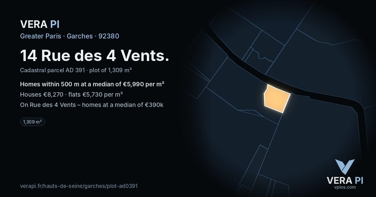 14 Rue des 4 Vents, Garches at night – the plot lit, the parcels around coloured by the prices near them