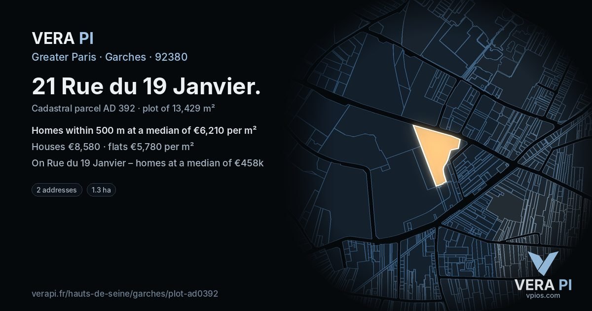 21 Rue du 19 Janvier, Garches at night – the plot lit, the parcels around coloured by the prices near them