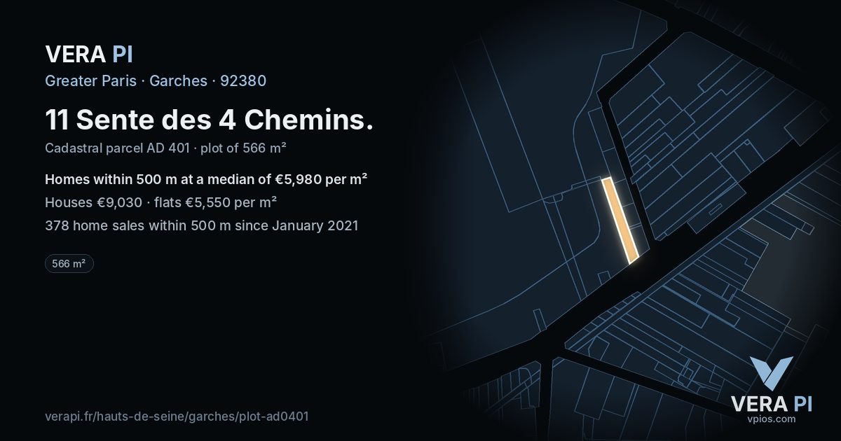 11 Sente des 4 Chemins, Garches at night – the plot lit, the parcels around coloured by the prices near them