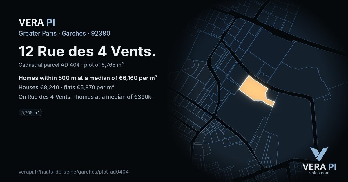12 Rue des 4 Vents, Garches at night – the plot lit, the parcels around coloured by the prices near them