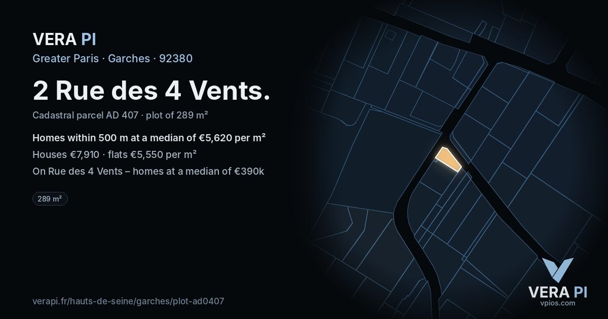 2 Rue des 4 Vents, Garches at night – the plot lit, the parcels around coloured by the prices near them