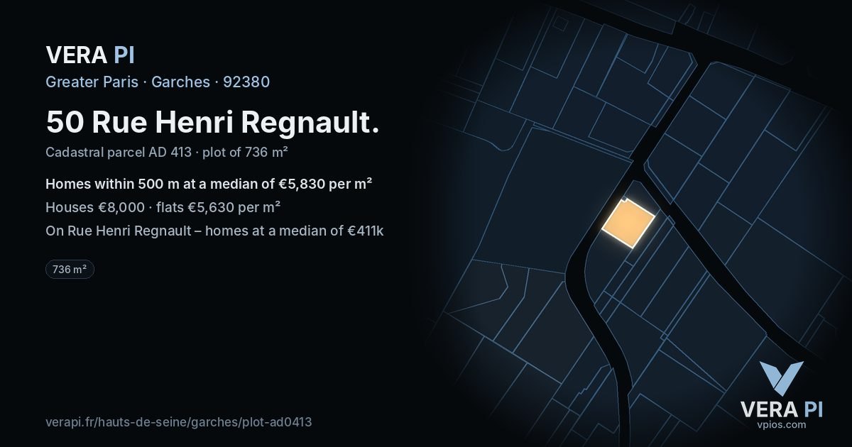 50 Rue Henri Regnault, Garches at night – the plot lit, the parcels around coloured by the prices near them