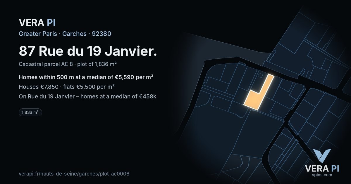 87 Rue du 19 Janvier, Garches at night – the plot lit, the parcels around coloured by the prices near them