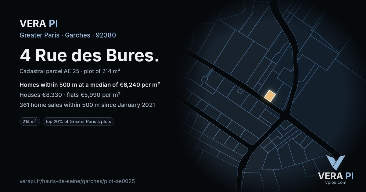 4 Rue des Bures, Garches at night – the plot lit, the parcels around coloured by the prices near them