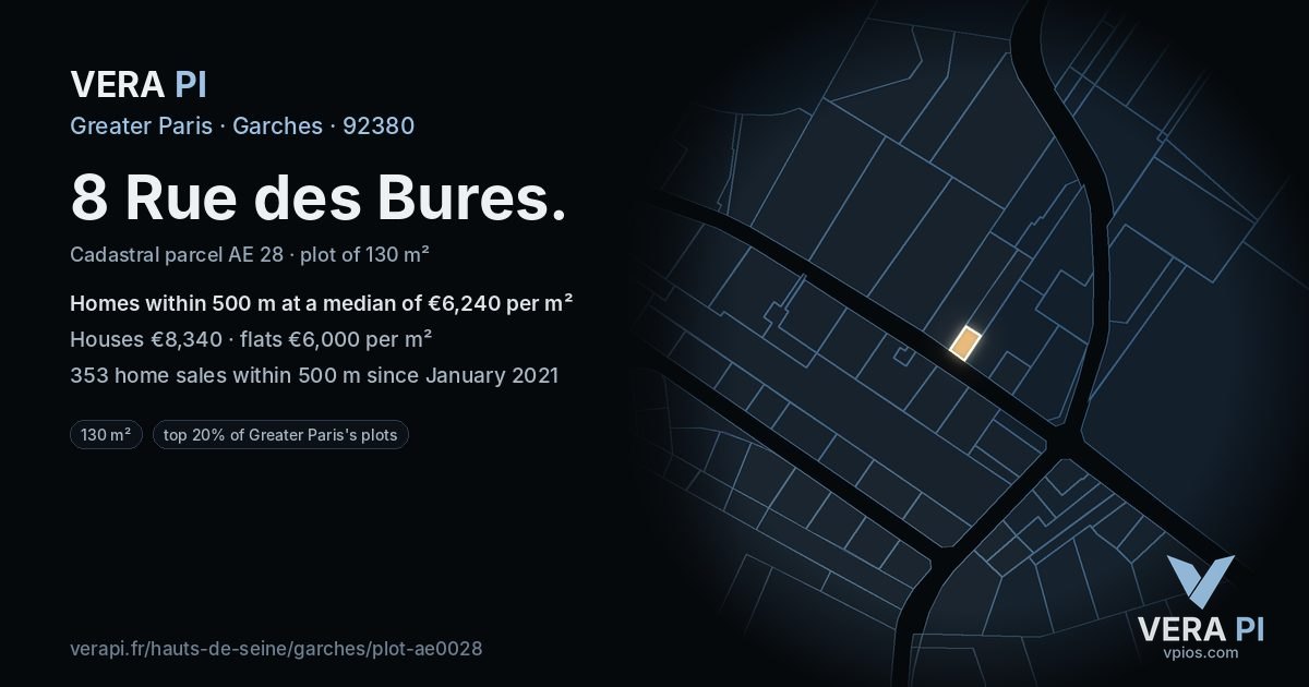 8 Rue des Bures, Garches at night – the plot lit, the parcels around coloured by the prices near them
