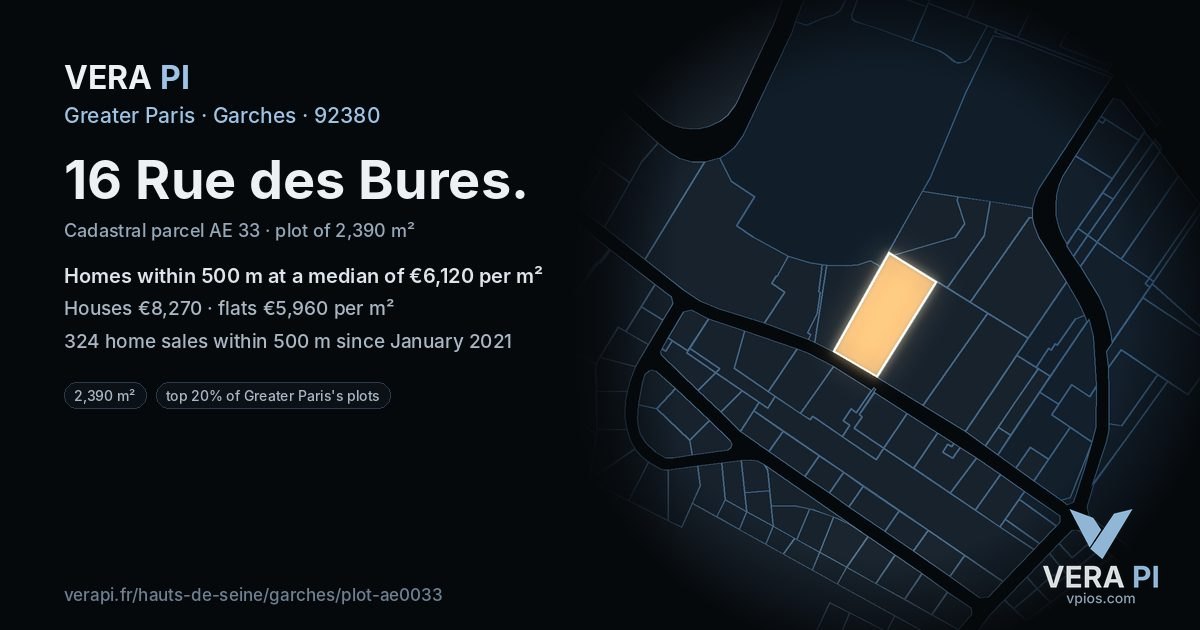 16 Rue des Bures, Garches at night – the plot lit, the parcels around coloured by the prices near them