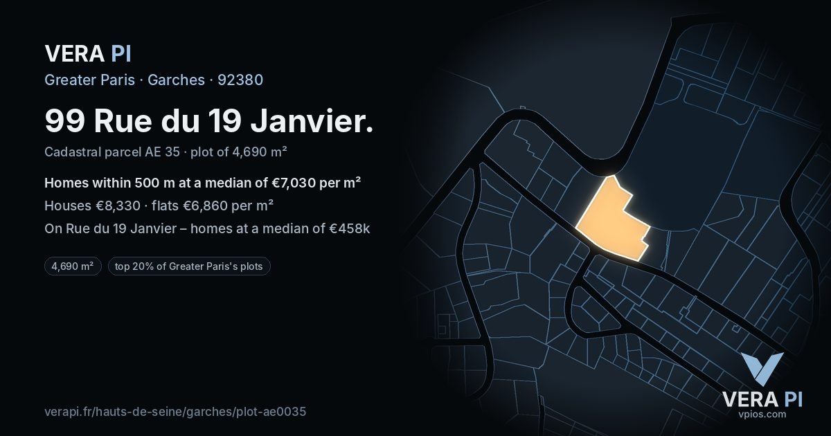 99 Rue du 19 Janvier, Garches at night – the plot lit, the parcels around coloured by the prices near them