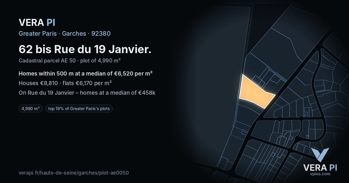 62 bis Rue du 19 Janvier, Garches at night – the plot lit, the parcels around coloured by the prices near them