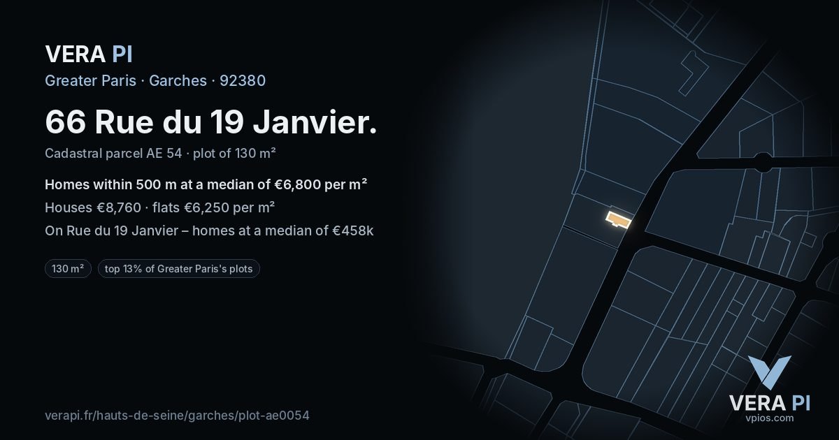 66 Rue du 19 Janvier, Garches at night – the plot lit, the parcels around coloured by the prices near them