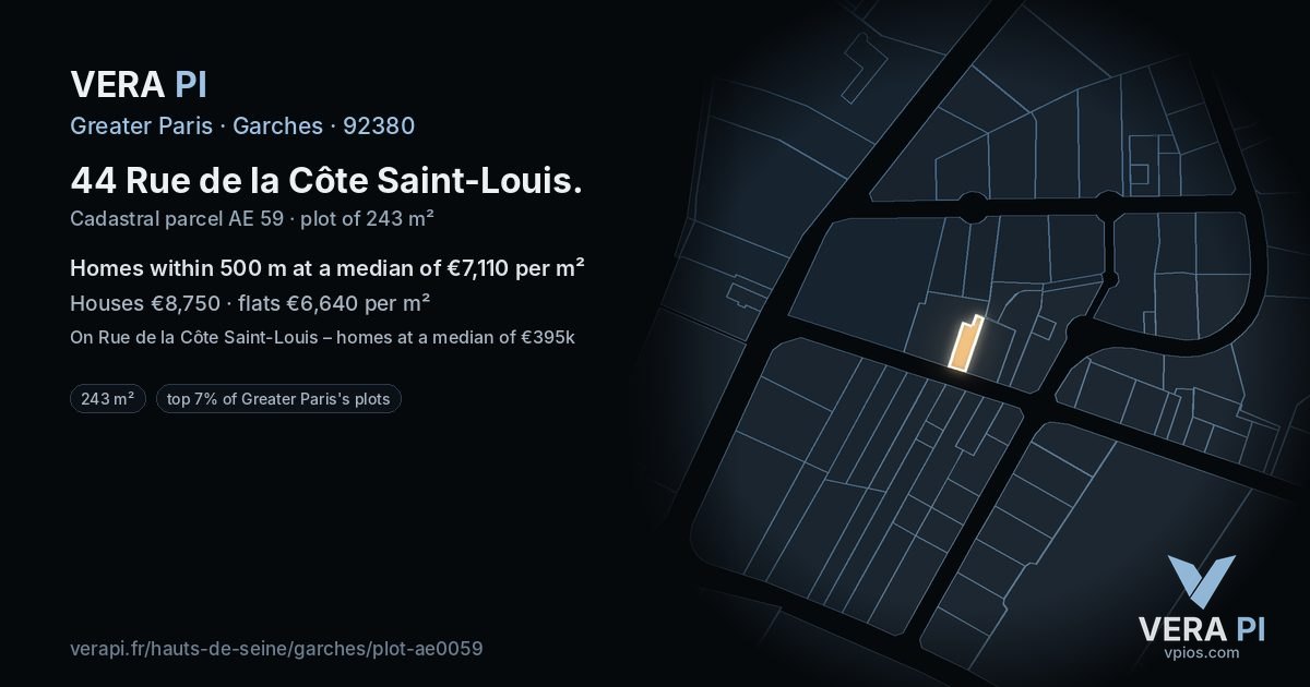 44 Rue de la Côte Saint-Louis, Garches at night – the plot lit, the parcels around coloured by the prices near them