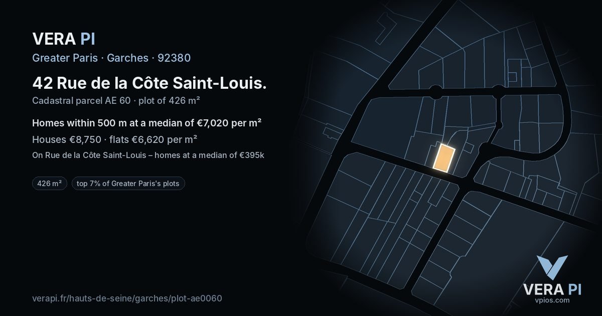 42 Rue de la Côte Saint-Louis, Garches at night – the plot lit, the parcels around coloured by the prices near them