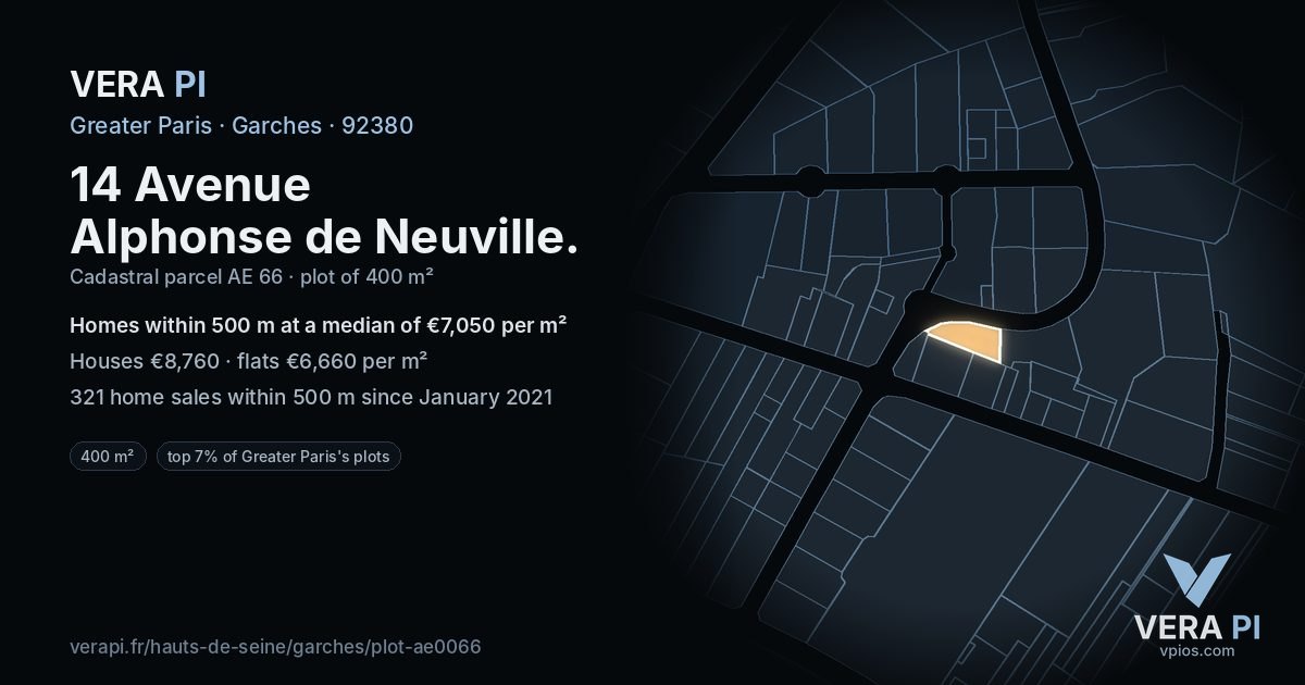 14 Avenue Alphonse de Neuville, Garches at night – the plot lit, the parcels around coloured by the prices near them