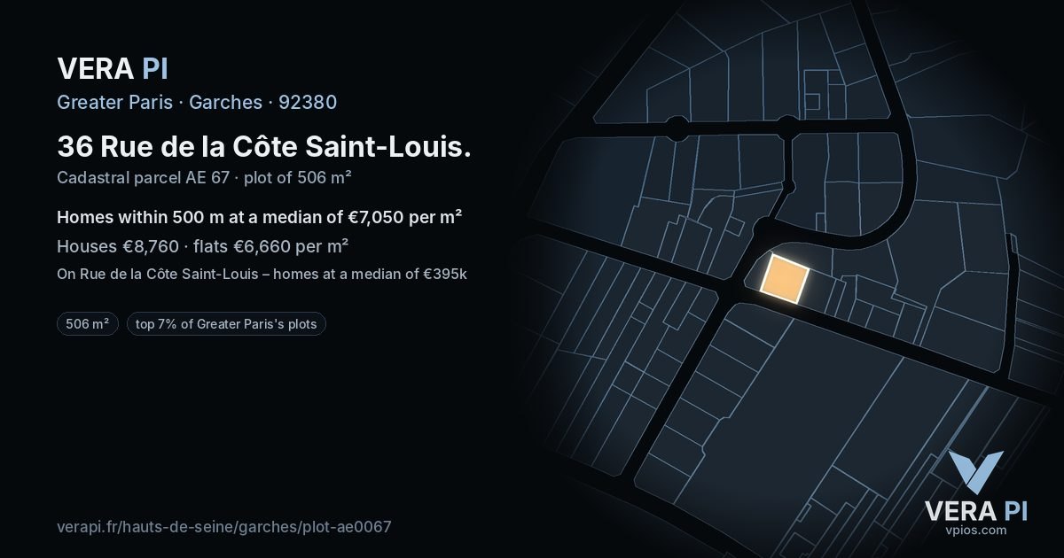 36 Rue de la Côte Saint-Louis, Garches at night – the plot lit, the parcels around coloured by the prices near them