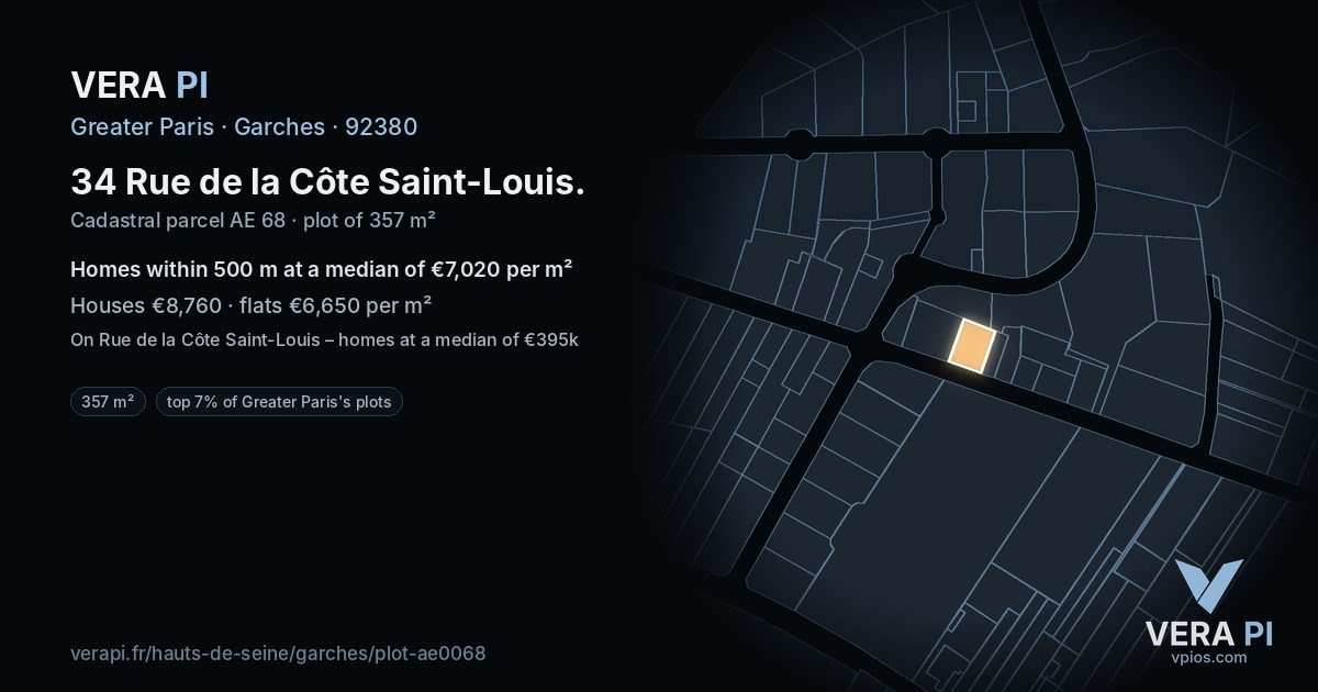 34 Rue de la Côte Saint-Louis, Garches at night – the plot lit, the parcels around coloured by the prices near them