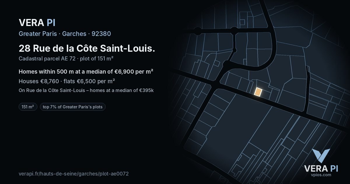 28 Rue de la Côte Saint-Louis, Garches at night – the plot lit, the parcels around coloured by the prices near them