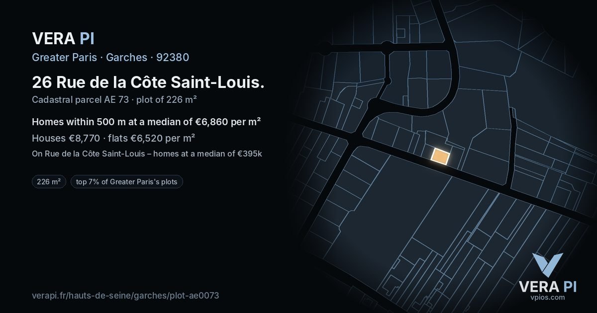 26 Rue de la Côte Saint-Louis, Garches at night – the plot lit, the parcels around coloured by the prices near them