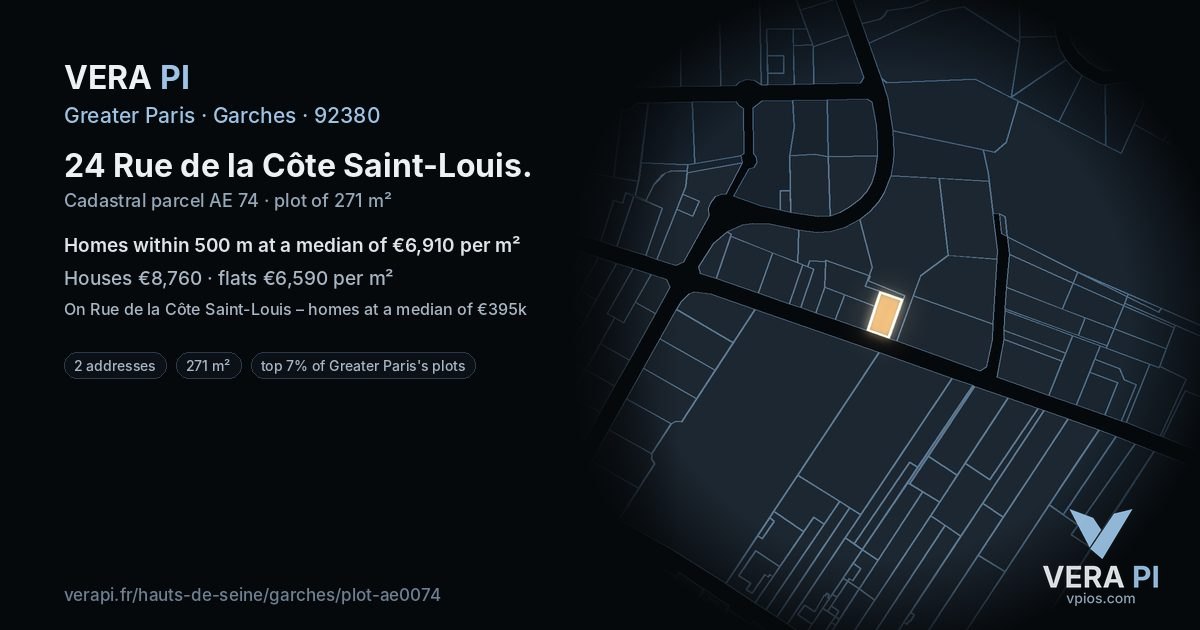 24 Rue de la Côte Saint-Louis, Garches at night – the plot lit, the parcels around coloured by the prices near them