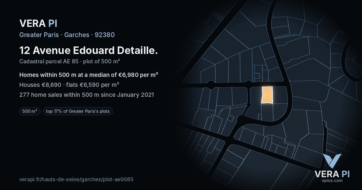 12 Avenue Edouard Detaille, Garches at night – the plot lit, the parcels around coloured by the prices near them