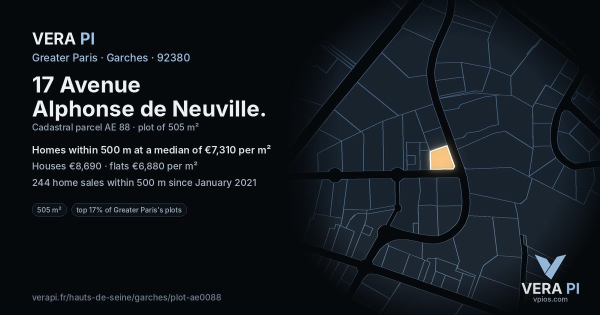17 Avenue Alphonse de Neuville, Garches at night – the plot lit, the parcels around coloured by the prices near them