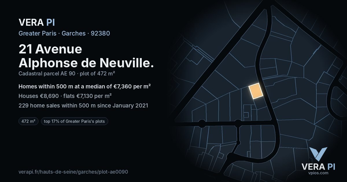 21 Avenue Alphonse de Neuville, Garches at night – the plot lit, the parcels around coloured by the prices near them