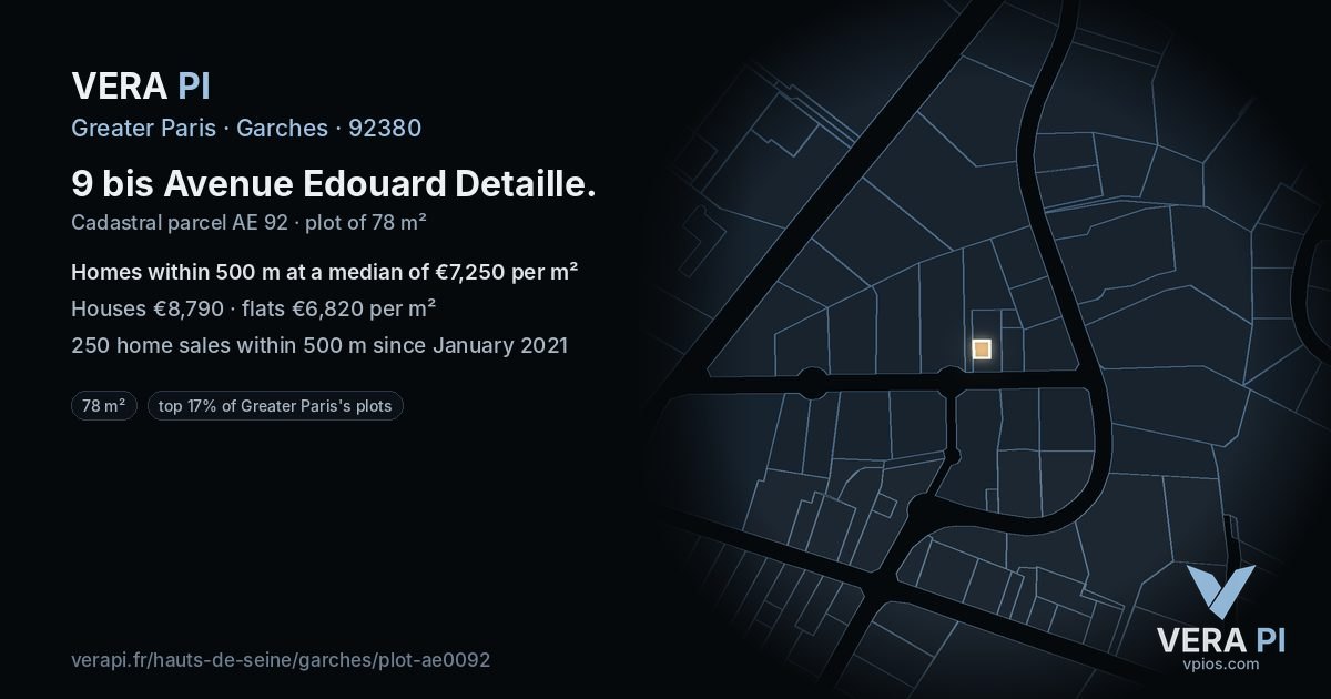 9 bis Avenue Edouard Detaille, Garches at night – the plot lit, the parcels around coloured by the prices near them