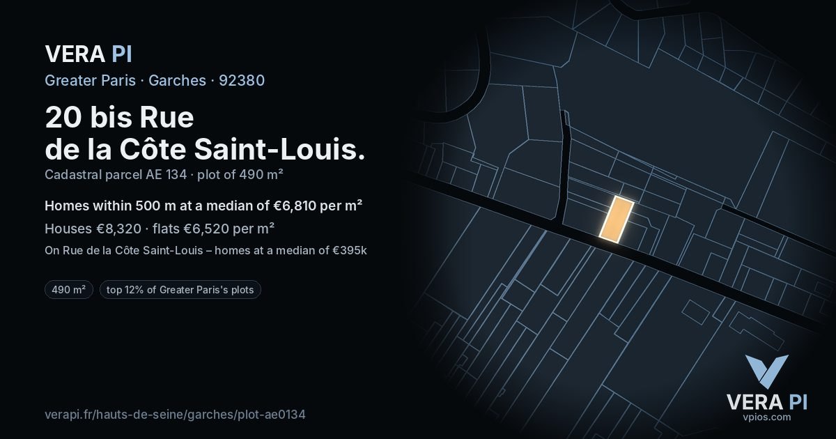 20 bis Rue de la Côte Saint-Louis, Garches at night – the plot lit, the parcels around coloured by the prices near them