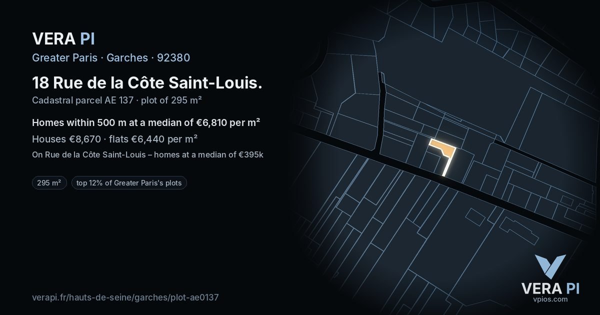 18 Rue de la Côte Saint-Louis, Garches at night – the plot lit, the parcels around coloured by the prices near them