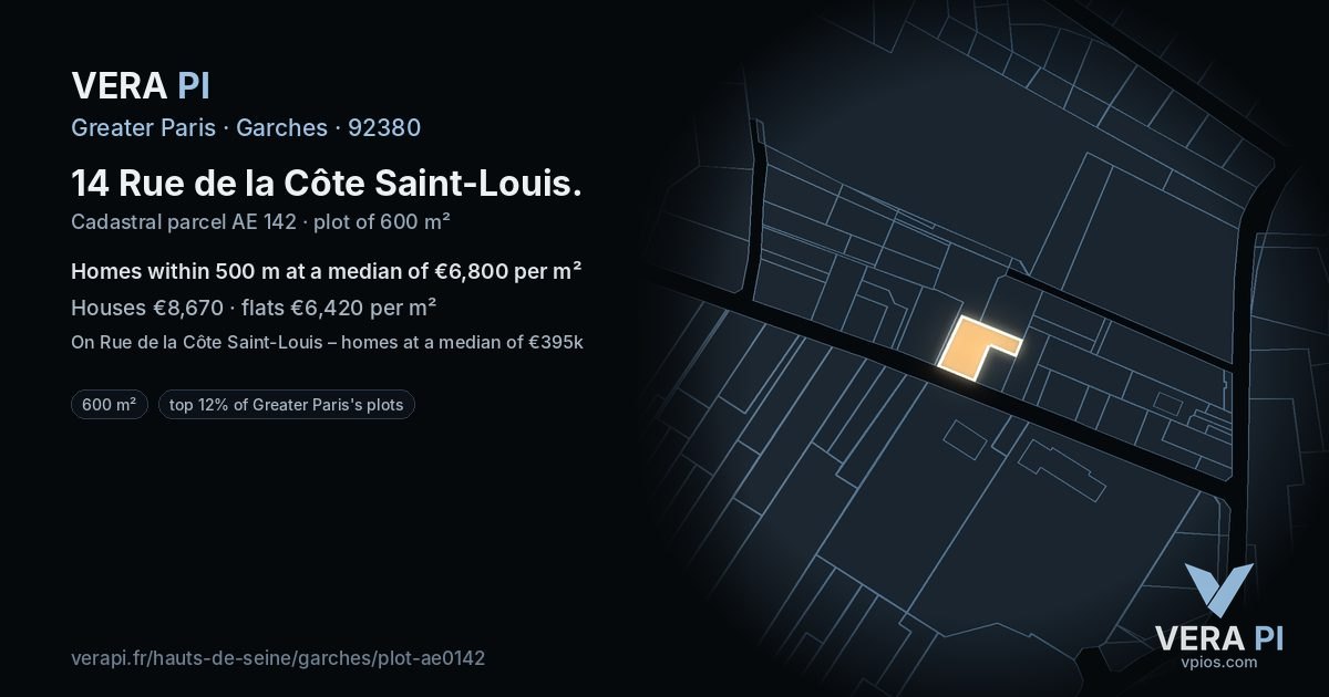14 Rue de la Côte Saint-Louis, Garches at night – the plot lit, the parcels around coloured by the prices near them