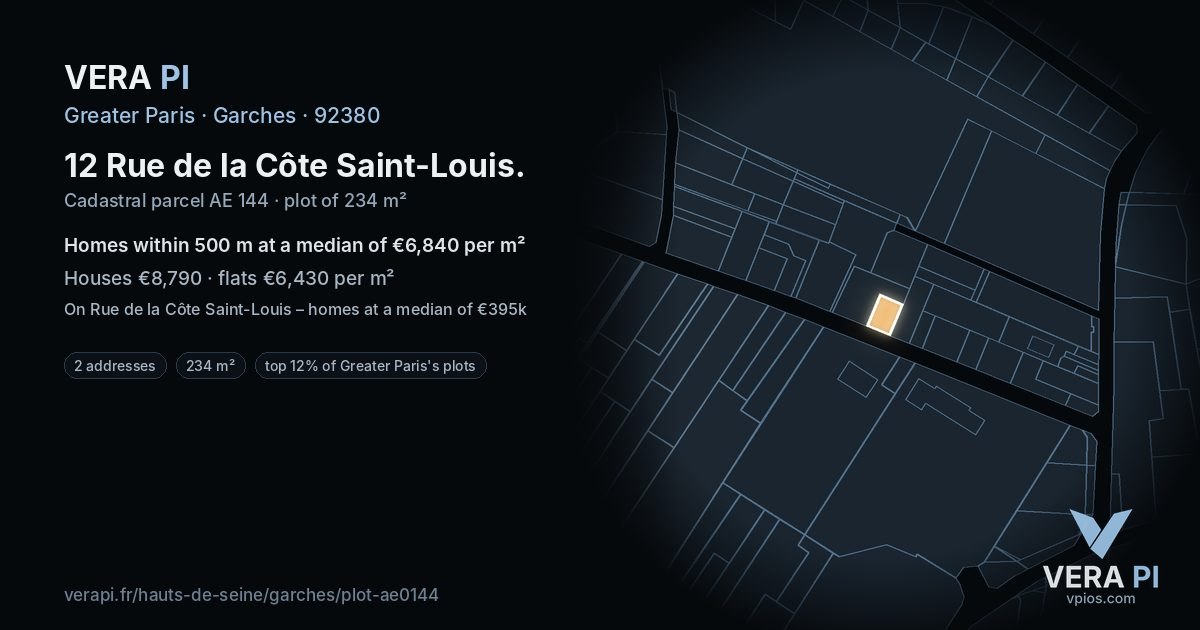 12 Rue de la Côte Saint-Louis, Garches at night – the plot lit, the parcels around coloured by the prices near them