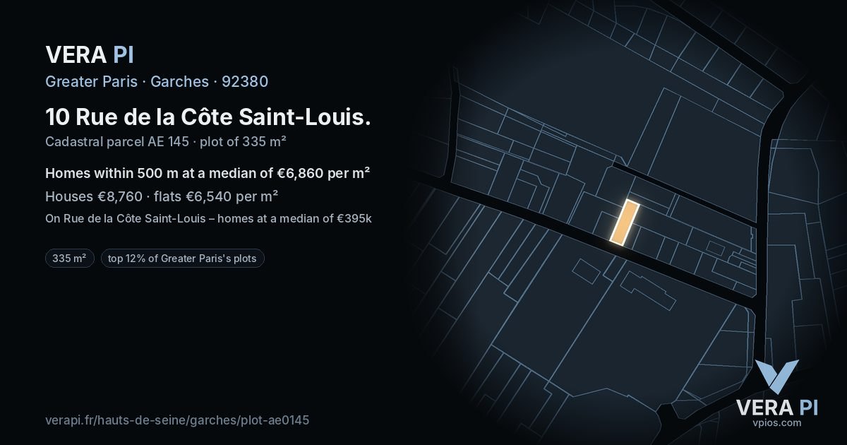 10 Rue de la Côte Saint-Louis, Garches at night – the plot lit, the parcels around coloured by the prices near them
