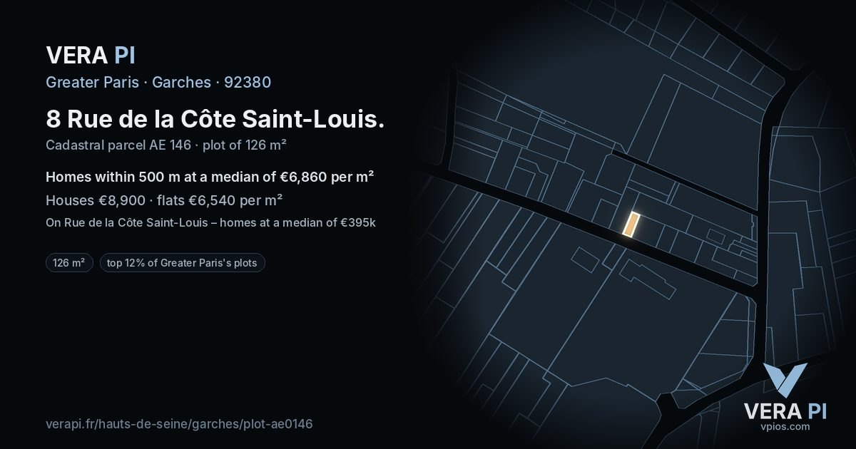 8 Rue de la Côte Saint-Louis, Garches at night – the plot lit, the parcels around coloured by the prices near them