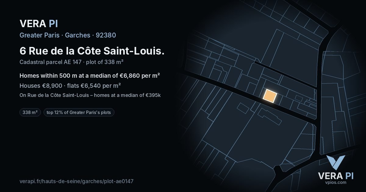 6 Rue de la Côte Saint-Louis, Garches at night – the plot lit, the parcels around coloured by the prices near them