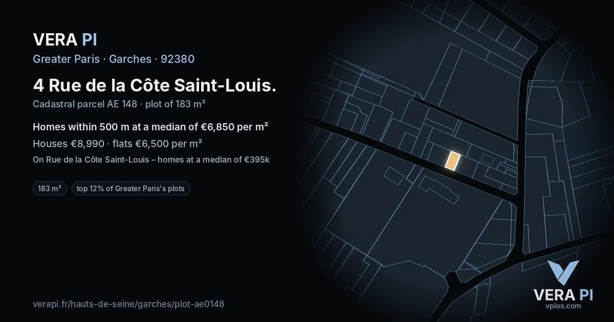 4 Rue de la Côte Saint-Louis, Garches at night – the plot lit, the parcels around coloured by the prices near them