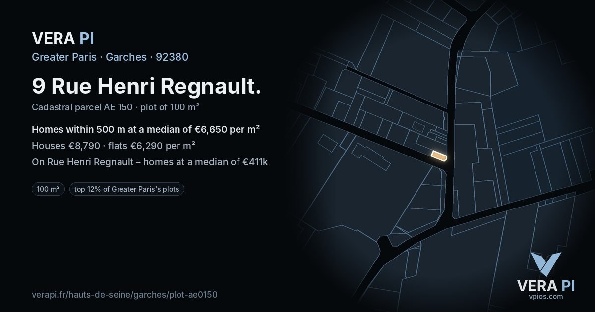 9 Rue Henri Regnault, Garches at night – the plot lit, the parcels around coloured by the prices near them