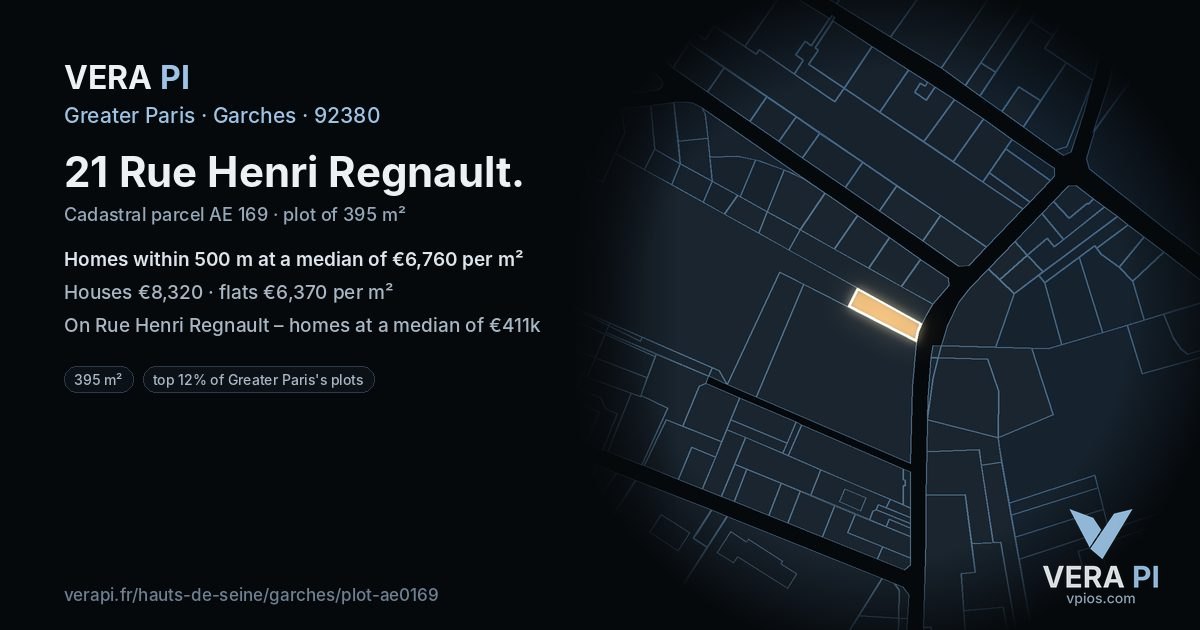 21 Rue Henri Regnault, Garches at night – the plot lit, the parcels around coloured by the prices near them