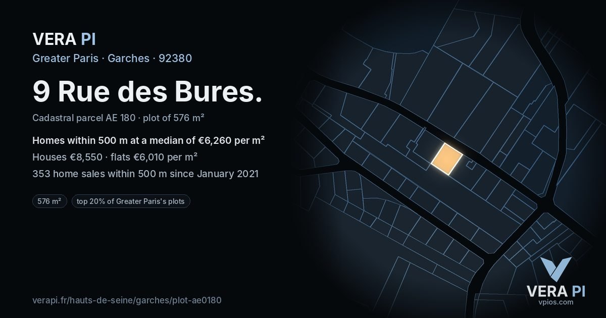 9 Rue des Bures, Garches at night – the plot lit, the parcels around coloured by the prices near them
