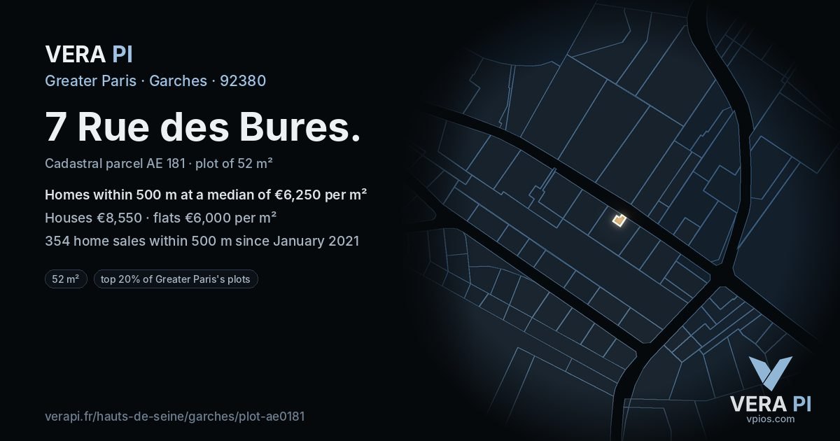7 Rue des Bures, Garches at night – the plot lit, the parcels around coloured by the prices near them
