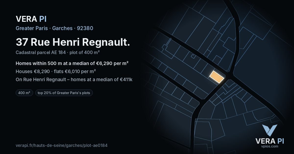 37 Rue Henri Regnault, Garches at night – the plot lit, the parcels around coloured by the prices near them