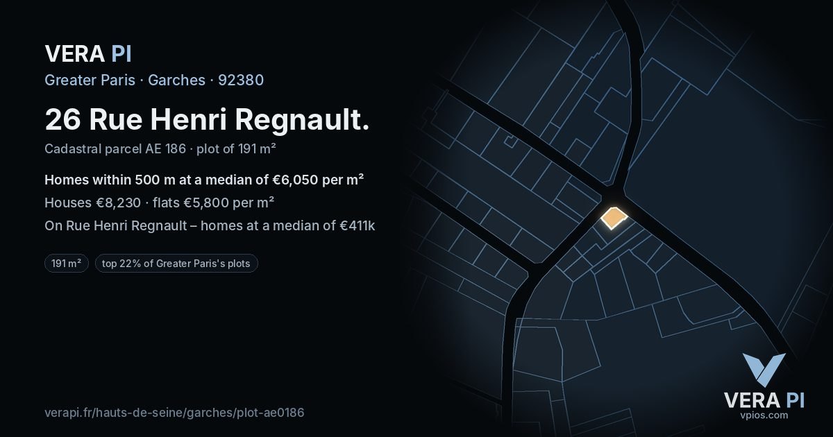 26 Rue Henri Regnault, Garches at night – the plot lit, the parcels around coloured by the prices near them