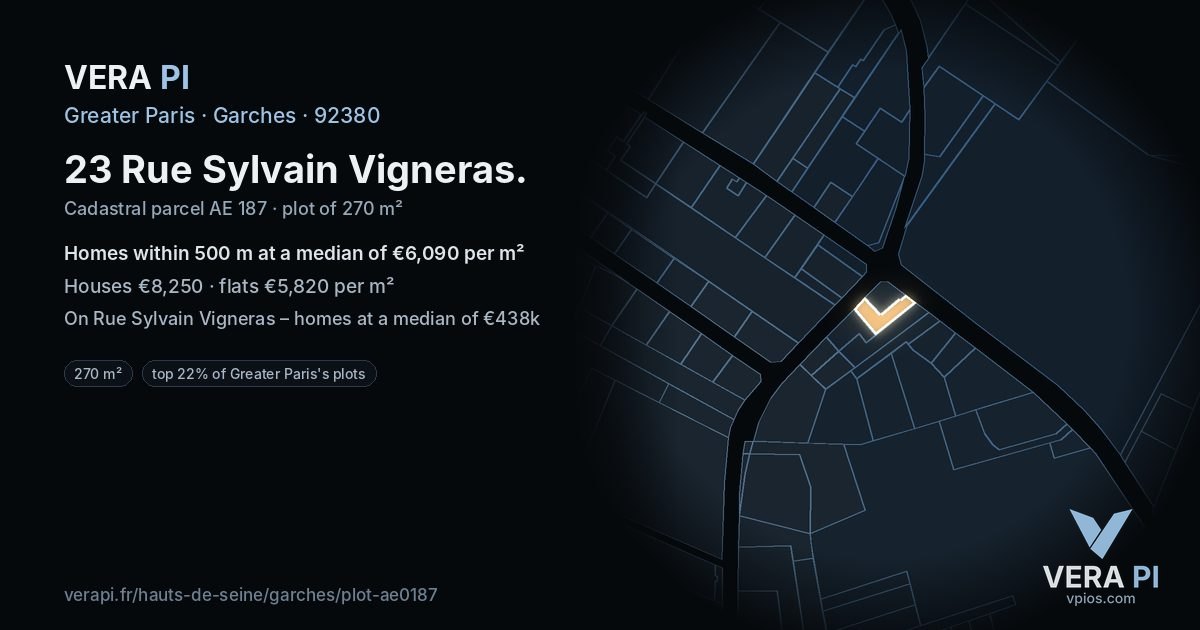 23 Rue Sylvain Vigneras, Garches at night – the plot lit, the parcels around coloured by the prices near them