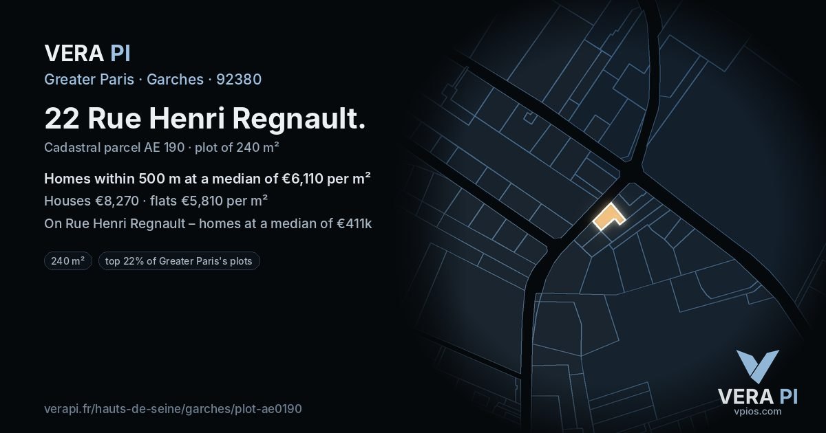 22 Rue Henri Regnault, Garches at night – the plot lit, the parcels around coloured by the prices near them