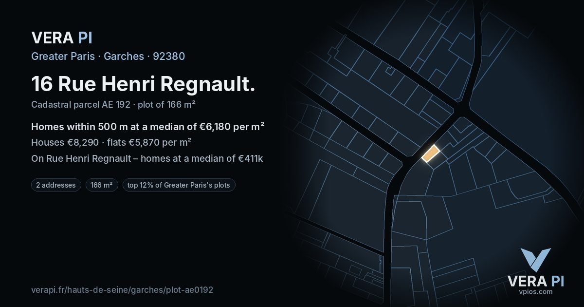 16 Rue Henri Regnault, Garches at night – the plot lit, the parcels around coloured by the prices near them