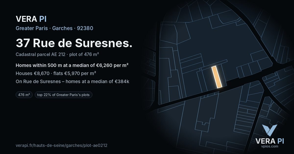 37 Rue de Suresnes, Garches at night – the plot lit, the parcels around coloured by the prices near them