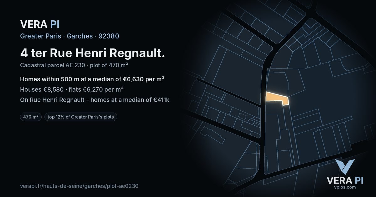 4 ter Rue Henri Regnault, Garches at night – the plot lit, the parcels around coloured by the prices near them