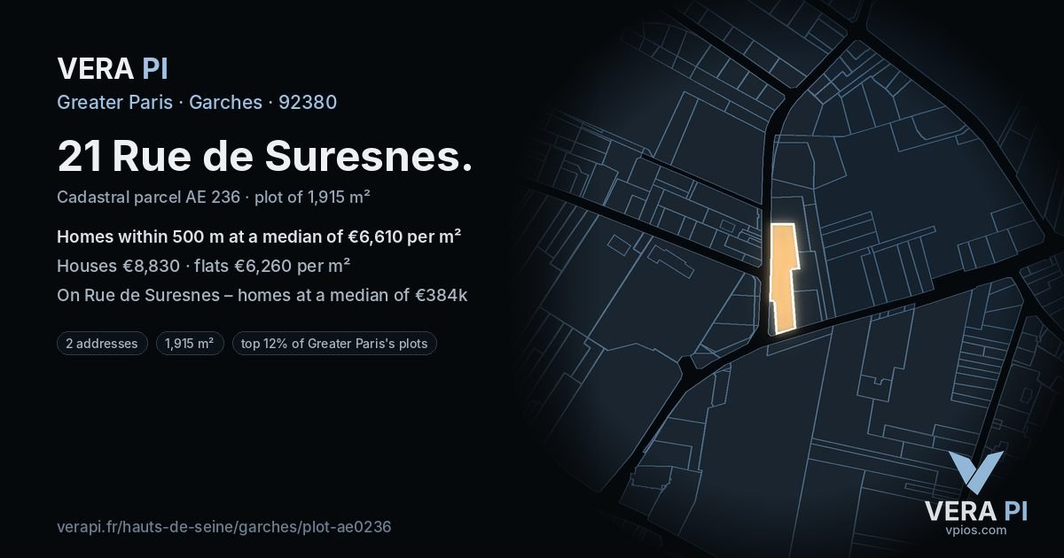 21 Rue de Suresnes, Garches at night – the plot lit, the parcels around coloured by the prices near them
