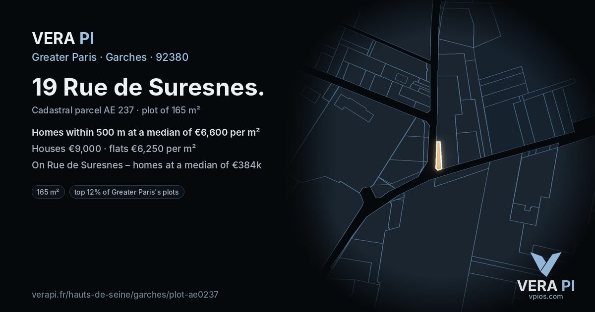 19 Rue de Suresnes, Garches at night – the plot lit, the parcels around coloured by the prices near them
